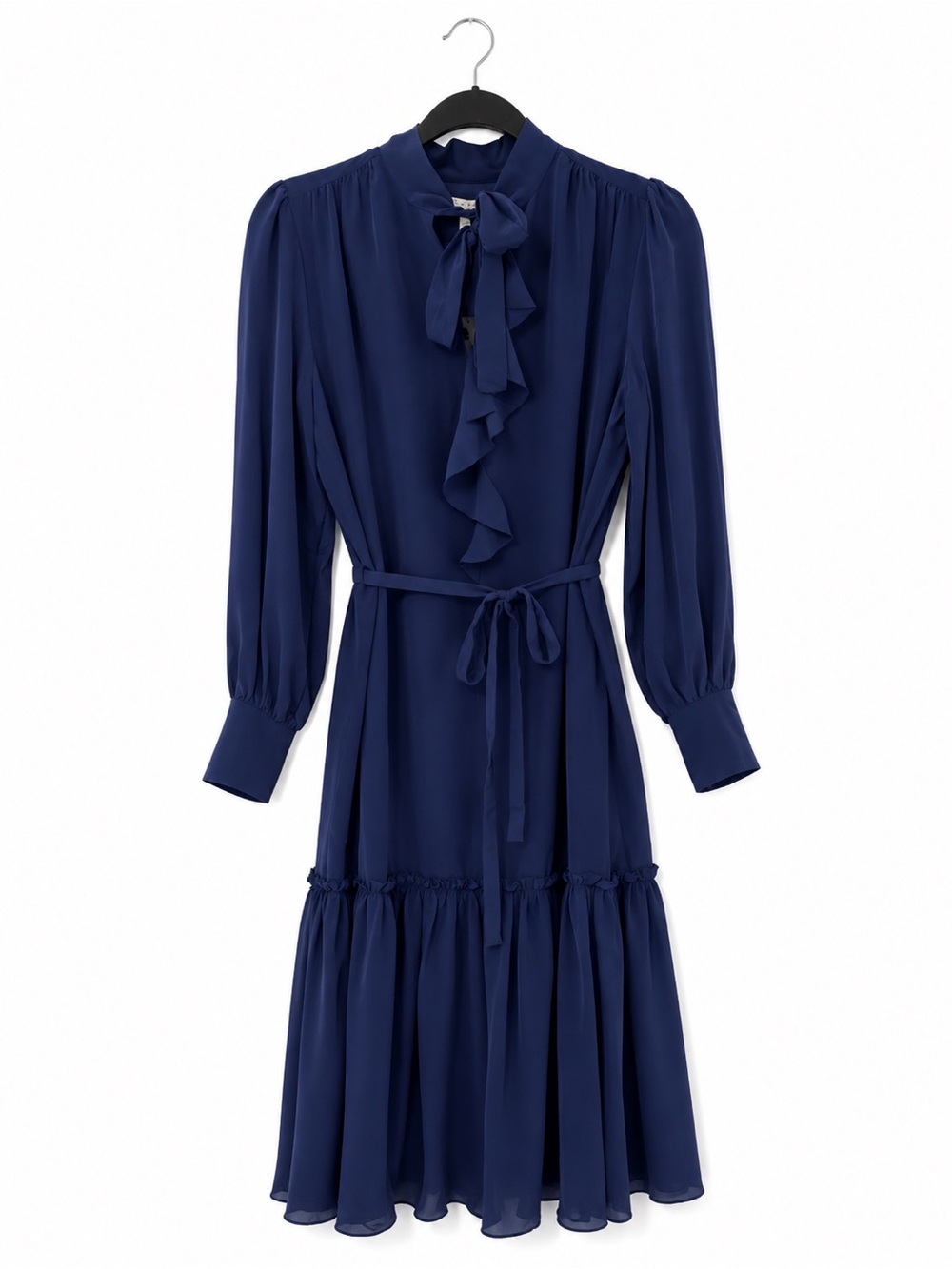 NWT Joie Navy Silk Ruffle Tie-Neck Long Sleeve Midi Dress